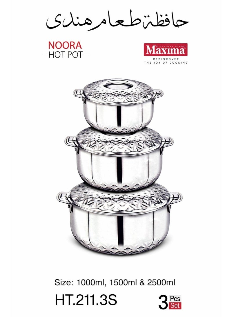Maxima 🔥 Premium Indian Stainless Steel Hot Pot Set – 3-Piece Insulated Food Storage Containers with Lids (1000ml / 1500ml / 2500ml) - Image 1